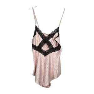 Victoria's Secret Teddy Romper Size L Pink Satin Black Polka Dots Cut Out Lace